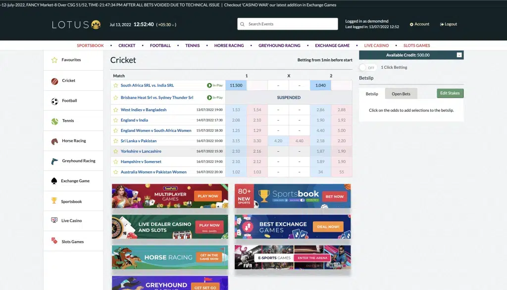 Lotusbook247 cricket betting interface