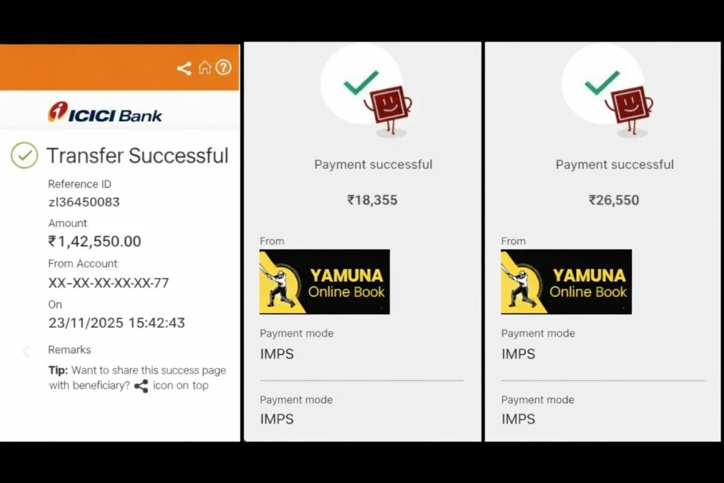 ICICI Bank IMPS payment successful screenshots showing Yamuna Online Book logo and transaction amounts